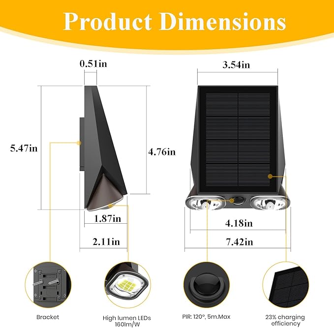 SOTTLOT Outdoor Solar Lights, Double Head Solar Wall Light, 800LM 4000K Dimmable Solar Flood Lights for Outside, Wall, Patio Decorative, Motion Sensor, Waterproof, Dark Grey