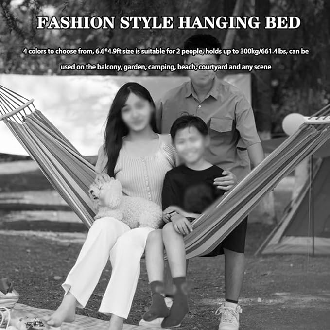 Outdoor Anti-Rollover Double Hammock, Portable Canvas Swing for Beach, Camping Equipment with Storage Bag, Load Bearing 300kg/661.4lbs(Blue-White)