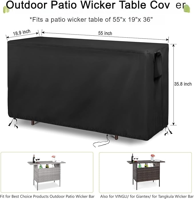 Outdoor Bar Cover for Best Choice Product Patio Wicker Bar Counter Table 55"L x 19"D x 36"H, Waterproof& Heavy Duty Cover for VINGLI Patio Rattan Wicker Bar Table-Rectangle