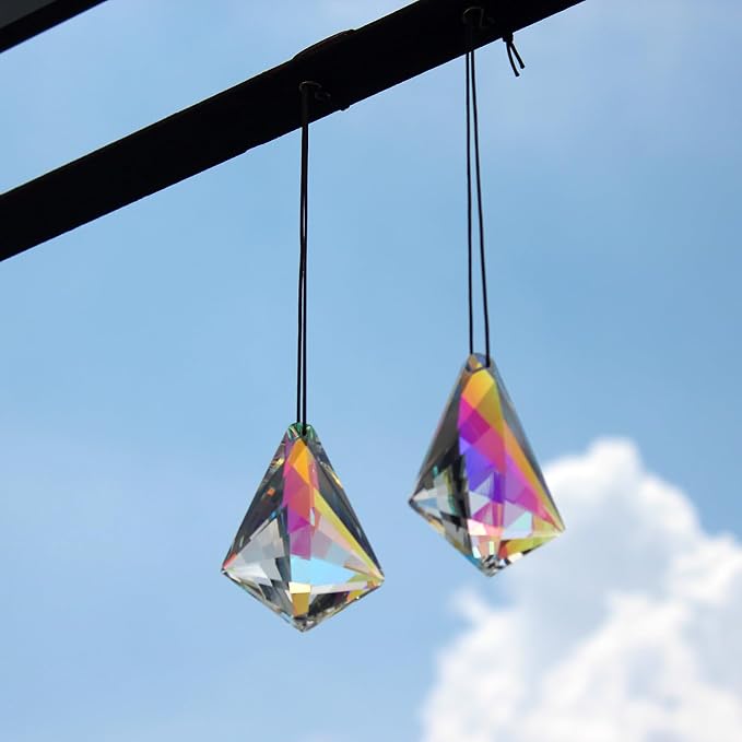 2PCS Cone Crystal Suncatcher Prisms for Windows (Chunky Cone) | AB Color, Transparent, K9 Glass, Rainbow Maker, with Hooks & Cord