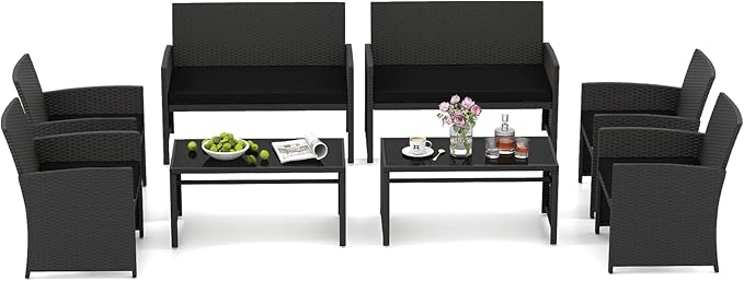 HAPPYGRILL 4 Piece Rattan Wicker Patio Conversation Set, Outdoor Furniture with Chair Loveseat Table & Cushion, for Backyard Porch Balcony (2, Black & Black)