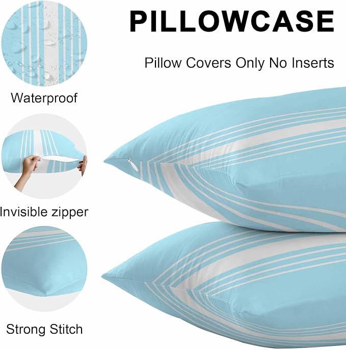 Aqua White Stripe Outdoor Pillow Covers 20x20 Inch Throw Pillow Covers Set of 2 Waterproof Decorative Pillow Cases Modern Rustic Vertical Striped Cushion Covers for Patio Furniture Garden Couch Sofa