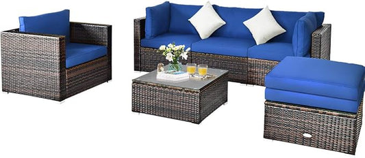 HAPPYGRILL 6-Pieces Patio Conversation Set Outdoor Rattan Wicker Furniture Set, Sectional Sofa Set with Glass Coffee Table Top, Ottoman, Cushions for Backyard Couch Garden Poolside Balcony