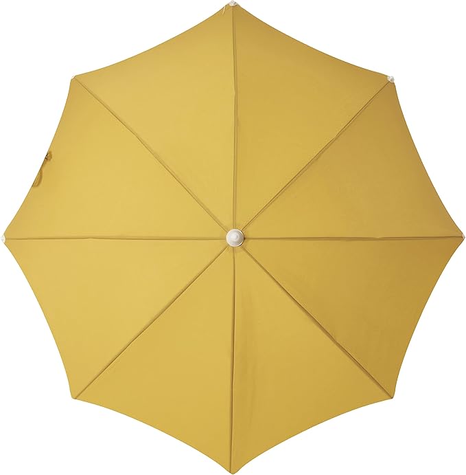 Business & Pleasure Co. Holiday Umbrella - Boho Beach Umbrella with White Fringe, UPF 50+, 1" Tilting Wood Pole, 5’ x 6.5’, Vintage Gold