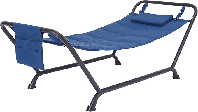 Blue Polyester Hammock with Stand and Pillow for Outdoor