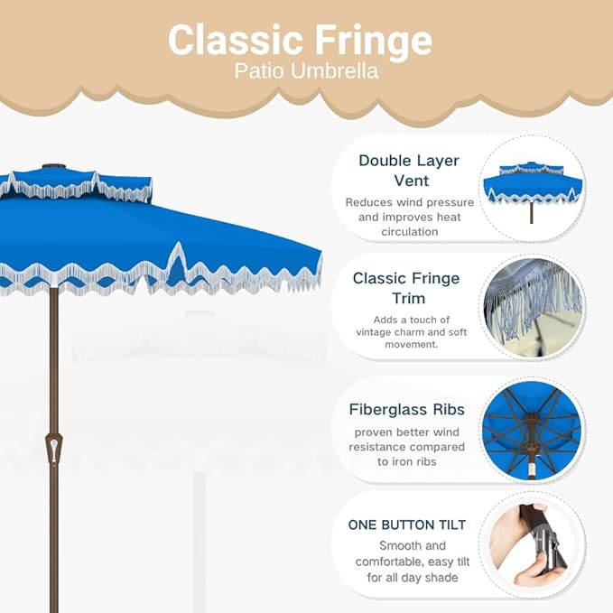 Patiokingdom 9FT Patio Umbrella with Fringe,Tassel Umbrella UPF 50+ & Push-Button Tilt,Rust-Resistant Fiberglass Frame for Pool,Garden,Backyard,Yard (Royal Blue)