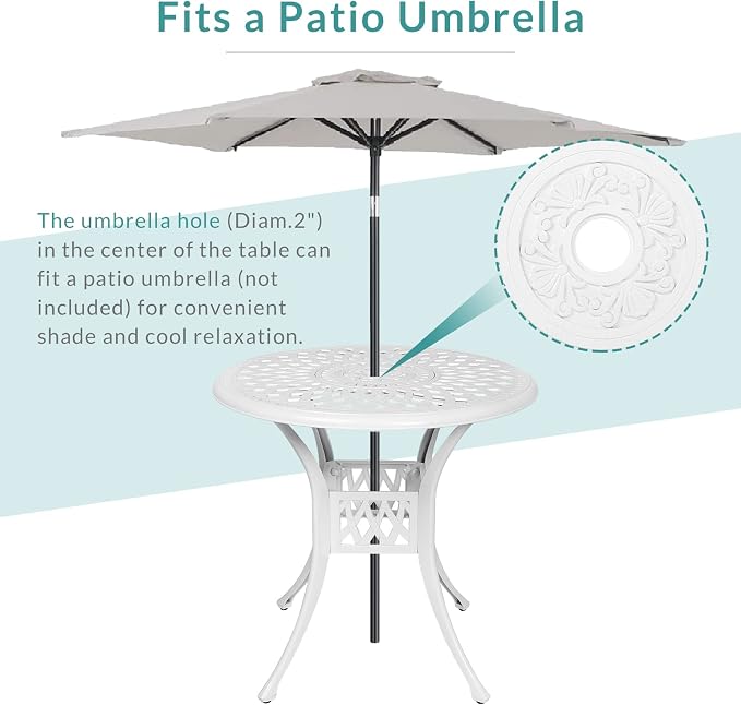 MEETWARM 3-Piece Outdoor Patio Dining Set, All-Weather Cast Aluminum Patio Conversation Set for Backyard Garden Deck with 2 Cushions Swivel Rocker Chairs and 31" Round Table, 2.2" Umbrella Hole, White