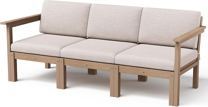 Stoog 3-Seater Patio Sofa, Modular Outdoor Sectional with Waterproof HIPS Frame & Quick-Dry Olefin Cushions – All-Weather for Backyard, Deck, Garden, Teak