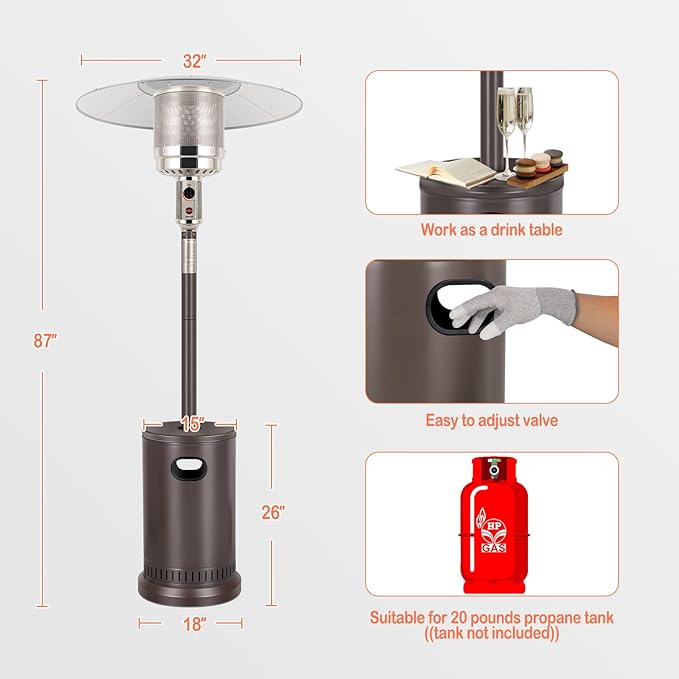 Hykolity 50,000 BTU Patio Heater with Sand Box, Table Design, Double-Layer Stainless Steel Burner, Wheels, Tip-over Protection System, Outdoor Heater for Home and Residential, Brown