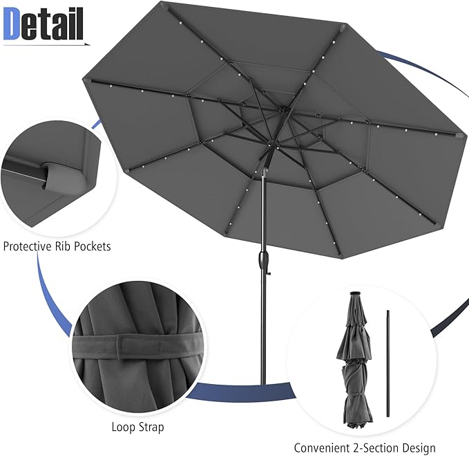 Tangkula 10 FT Solar LED Patio Umbrella, 3-Tier Vented Outdoor Market Table Umbrella with 32 LED Lights, Tilt Adjustment, Crank Handle, 8 Ribs for Backyard Pool Deck (Gray)