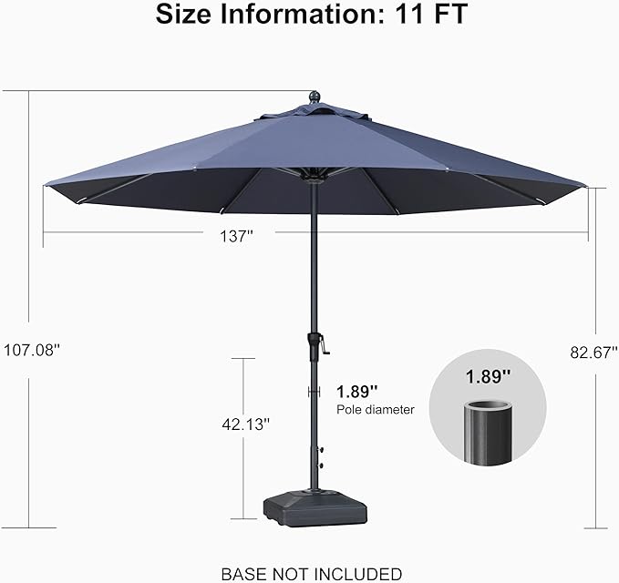 PURPLE LEAF 11' Round Patio Umbrella Outdoor Table Umbrella Aluminum Frame Market Umbrella Sun Umbrella with 8 Sturdy Ribs for Garden Deck Lawn Pool Navy Blue