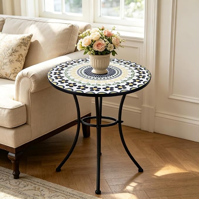 24 Inch Mosaic Patio Round Side Table with Ring Curved Legs Indoor and Outdoor Accent End Table for Yard, Garden, Living Room, Bistro, A - Black Floral