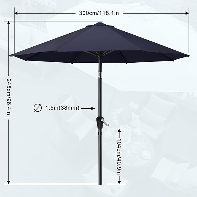 MASTERCANOPY 10FT Patio Umbrella with Push Button Tilt and Crank, Outdoor Market Umbrella with 8 Sturdy Ribs, UV Protection & Waterproof for Garden, Deck, Backyard, Pool (Navy Blue)