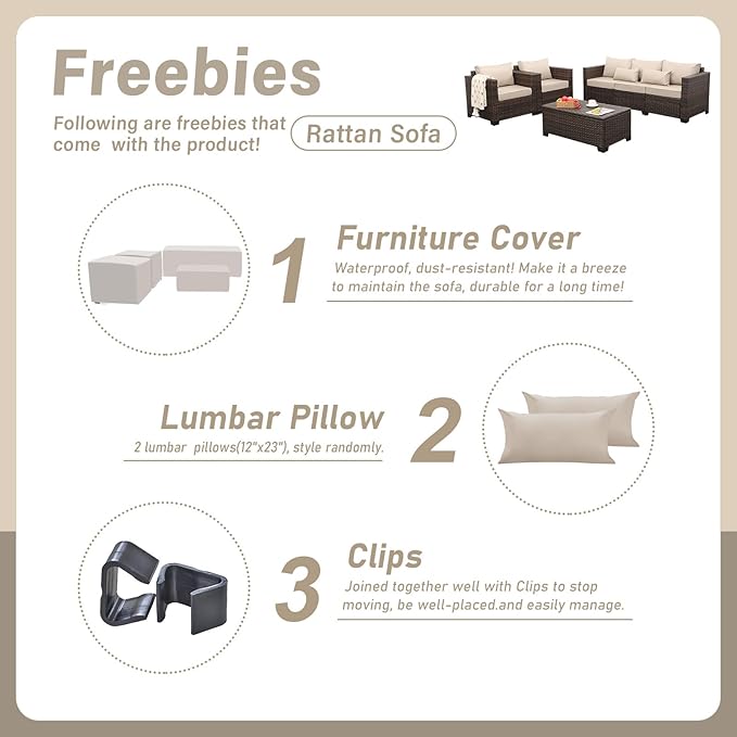Outdoor Patio Furniture Set 4 Pieces Wicker Outdoor Furniture Chairs and Sofa Patio Storage Table Non-Slip Cushions and Waterproof Covers, Khaki