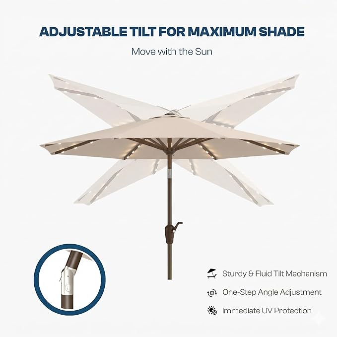 10FT Solar Patio Umbrella with Lights, Outdoor Table Market Umbrella with 32 LED Lights, 8 Sturdy Ribs, Push Button Tilt and Crank for Pool, Deck and Garden, UV-Resistant
