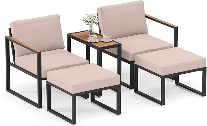 LAUSAINT HOME 5 Pieces Outdoor Conversation Set, Metal Patio Chairs with Thick Cushions 2 Ottomans&Side Table for Backyard, Poolside, Porch, Balcony (Beige)