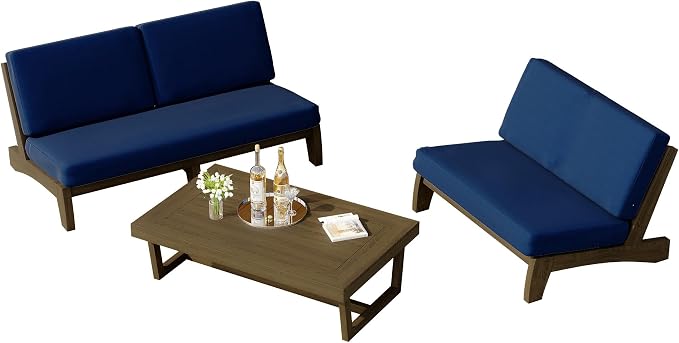 3 Piece Wood Outdoor Patio Frutnire Set, 5 Seater Patio Conversation Sets with Thick Cushions, Outdoor Sectional Furniture with Coffee Table - Navy Blue