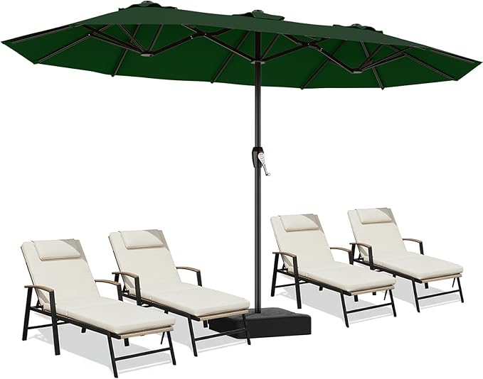 AreShark 15ft Patio Umbrella with Base, Double Sided Outdoor Umbrella with 12 Fiberglass Ribs, Large Outdoor Umbrella for Garden, Pool, Deck, Backyard & Market, Dark Green