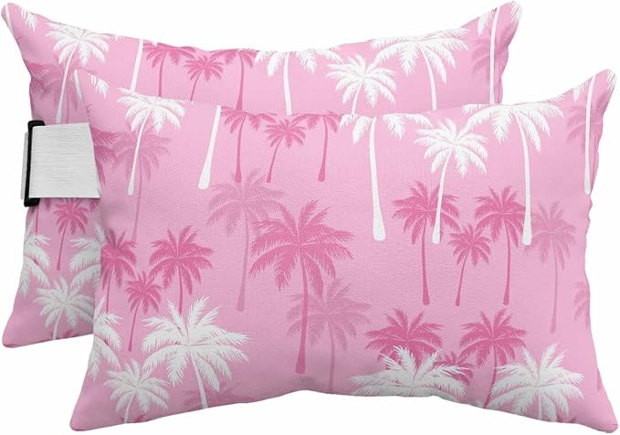 Tropical Palm Tree Outdoor Pillows for Chaise Lounge Chair Beach Headrest Pillow Set of 2 Waterproof Lumbar Pillows with Insert&Strap Magenta Pink Plants Coastal Leaf Beach Pool Pillow 12"x20"