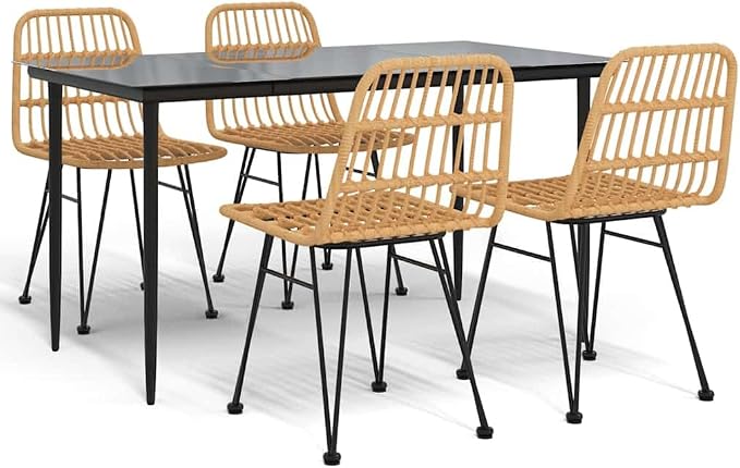 5 Piece Patio Dining Set Poly Rattan Outdoor Furniture with Tempered Glass Table and 4 Chairs, Weather Resistant PE Rattan Wicker Dining Table and Chairs for Garden Backyard Poolside, Black