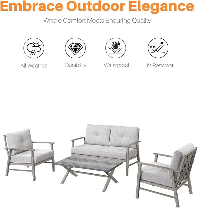 Aluminum Outdoor Patio Furniture Set, 4 Piece Patio Conversation Sets with Washable Thick Cushions, Weather-Resistant Outdoor Sectional Sofa Couch Sets for Poolside, Backyard, Limed Oak