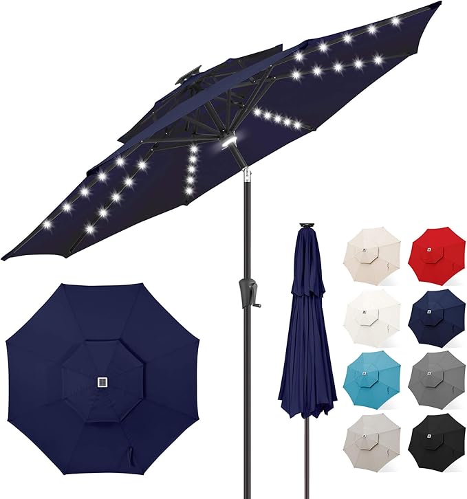 FLAME&SHADE 2 Tiers 9ft Solar Light Patio Umbrella, 40 LED lights outdoor umbrella with Centre Surround Light, Table Market Umbrella for Deck, Pool, Porch, Backyard, Garden (Navy Blue)