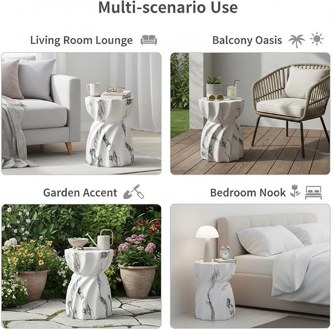 Merax 19.29" H Modern Outdoor Concrete Side Table, Patio End Table with Sculptural Fluted Design, Weather-Resistant Hourglass Shape Accent Table for Garden, Balcony & Poolside, Faux Marble