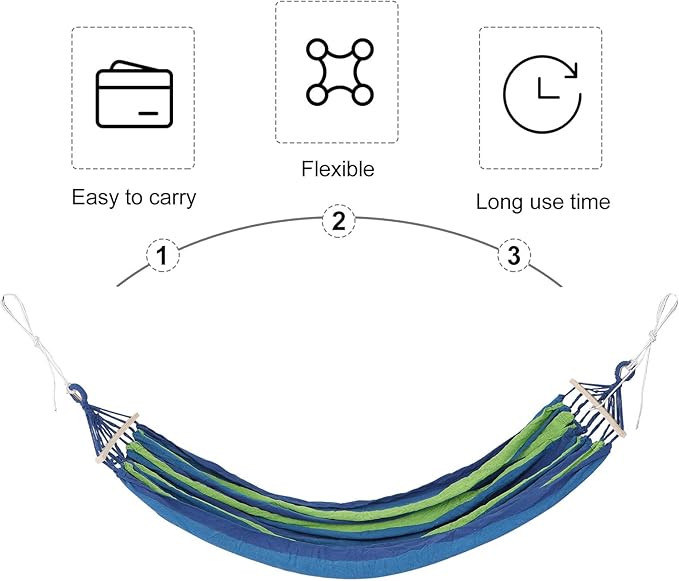 Wide Anti-tip Canvas Hammock with Duckbill Buckle for Outdoor Indoor Camping and Backyard Use, Striped Blue Material, Suitable for Two People