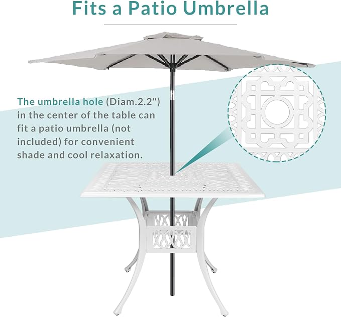MEETWARM 5-Piece Outdoor Patio Dining Set, All-Weather Cast Aluminum Patio Conversation Set with 4 Cushions Swivel Rocker Chairs for Backyard Garden Deck and 35.4" Square Table, White