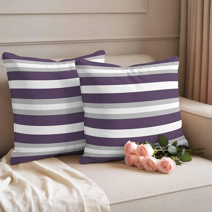 Throw Pillow Covers 16x16 Inch Set of 2, Purple Grey Stripe Waterproof Outdoor Pillow Covers, Minimalist Farmhouse Striped Decorative Cushion Pillowcases for Couch, Sofa, Bed, Garden, Patio