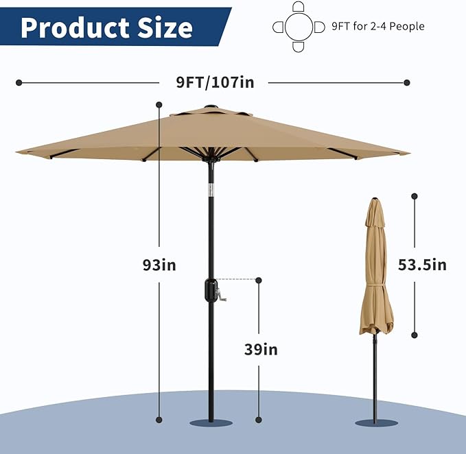9FT Outdoor Patio Umbrella, 8 Ribs Market Table Umbrella with Tilt & Crank, UV-Resistant Waterproof for Pool, Deck, Backyard, Tan