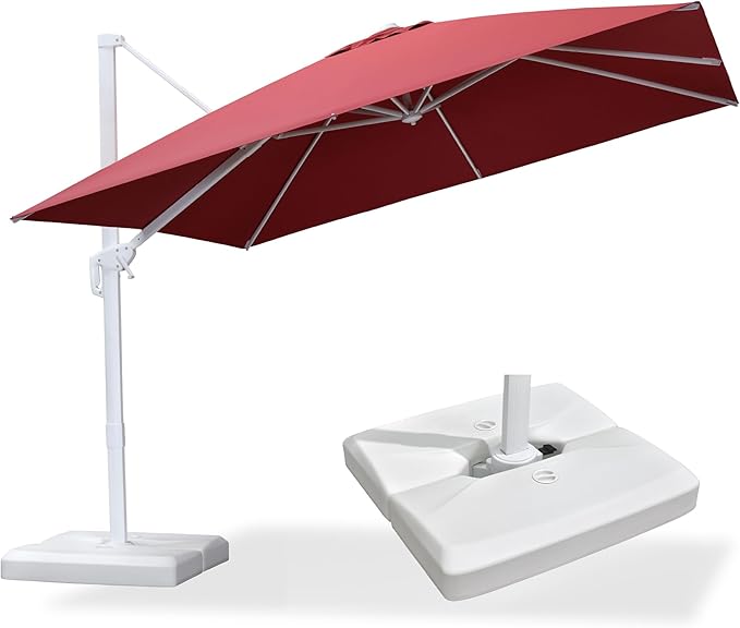 PURPLE LEAF 10 FT Patio Umbrella With Base White Cantilever Umbrella Square Outdoor Offset Umbrella Windproof with 360° Rotation for Garden Deck Pool, Ruby Red