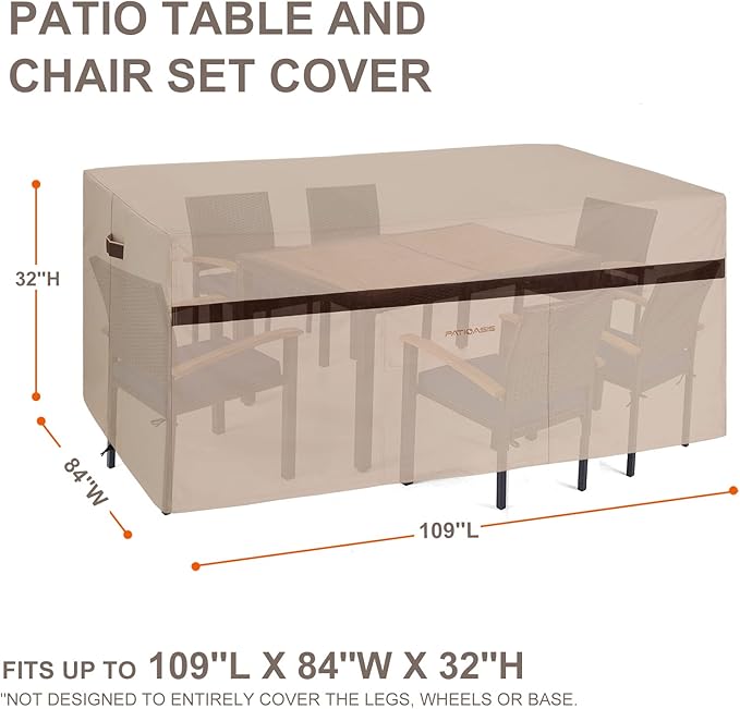Patio Rectangular Table and Chair Set Cover 109''L Waterproof Outdoor Furniture Covers 600D Durable UV Resistant Windproof Large Lawn Patio Dining Oval Table and Chair Covers High Top Table Cover