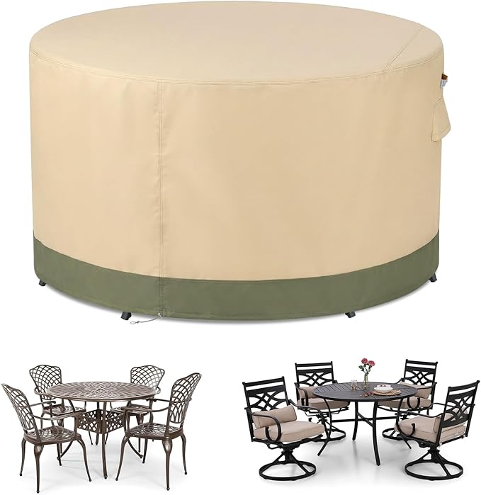 BPS Waterproof Patio Table and Chairs Cover, 600D Anti-UV Outdoor Dining Furniture Set Cover with Air Vent and Storage for Patio Round Sectional Set, 120''Dia x 32''H