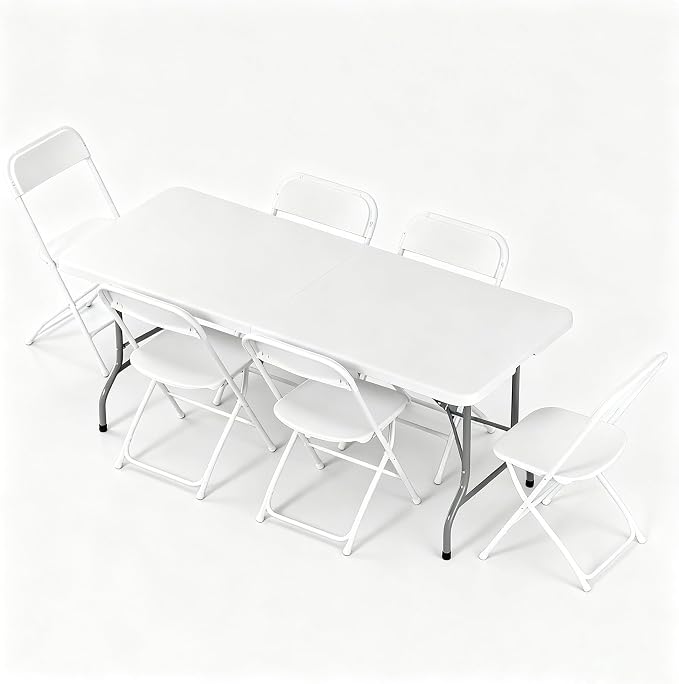 6FT Plastic Folding Table Set with 6 White Folding Chairs, Portable Heavy Duty Table and Chair Set for Picnic, Party, Training, Wedding, Outdoor Activities, Home & Commercial Use