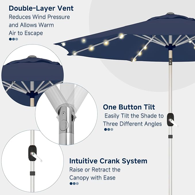 10FT 40-LED Solar Lighted Aluminum Patio Umbrella, Fade-Resistant Outdoor Market Table Umbrella with Push Button Tilt Function, 8 Sturdy All-Aluminum Ribs for Gardens, Decks, Backyards & Pools