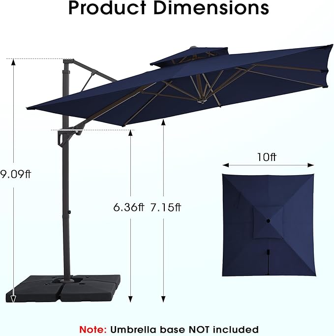 JEAREY 10ft 2-Tier Cantilever Patio Umbrella, Large Square Outdoor Offset Umbrella with Double Top Vent and 360-degree Rotation for Garden, Deck, Pool, Patio, Navy