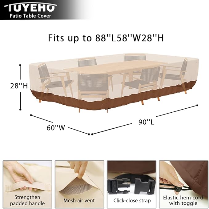 Tuyeho Patio Furniture Set Cover 90 x 60 x 28 inch, Heavy Duty Oxford Fabric Outdoor Dining Set Cover, Waterproof & Weather Resistant, for Your Outdoor Rectangular Table and Chairs (Beige & Brown)