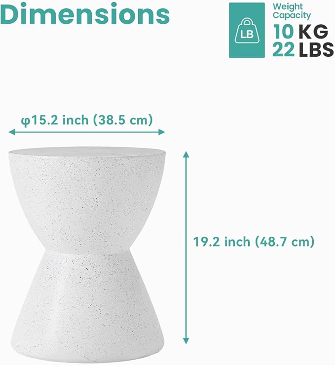SUNBURY Outdoor Concrete Side Table, 19" H Outdoor End Tables Cement Accent Table Hourglass Shaped, Lightweight Modern Small Garden Stool, Decorative Garden Stool for Patio, Backyard, Ink Spot White