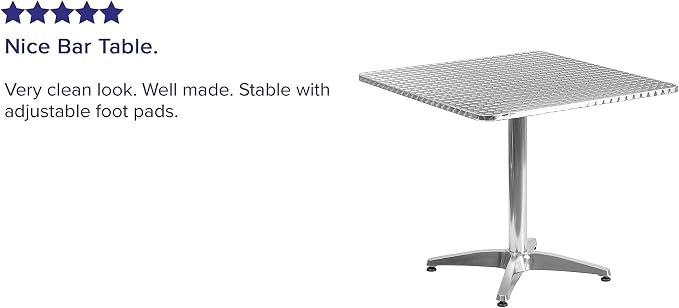 Pemberly Row Square Bistro Table, 31.5 in Aluminum and Steel with Stainless Steel Top, Lightweight Design, Indoor/Outdoor Use, Commercial or Residential Patio Dining Table