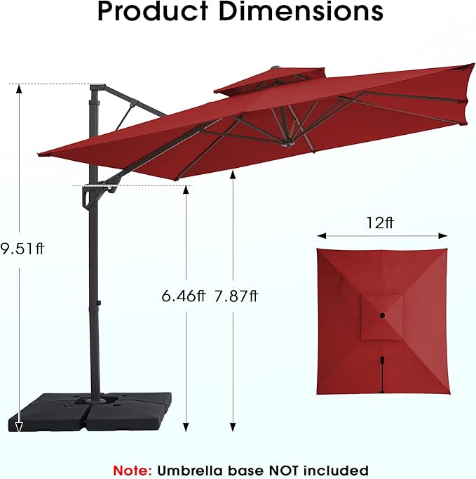 JEAREY 12ft 2-Tier Cantilever Patio Umbrella, Large Square Outdoor Offset Umbrella with Double Top Vent and 360-degree Rotation for Garden, Deck, Pool, Patio, Red