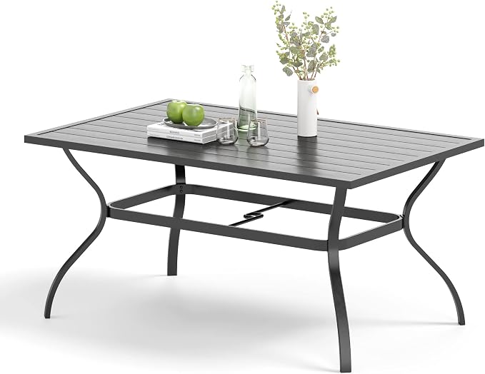 MIXPATIO Outdoor Patio Dining Table for 6, 60" x 37" Rectangular Metal Patio Dining Table with Umbrella Hole for Garden, All Weather Wrought Iron Black Outdoor Table Backyard and Porch, Black