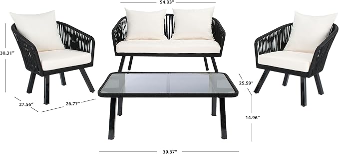 Safavieh Outdoor Collection Jorda Wicker Cushion 4-Piece Rope Patio Backyard Living Set PAT7518B, Black/Beige