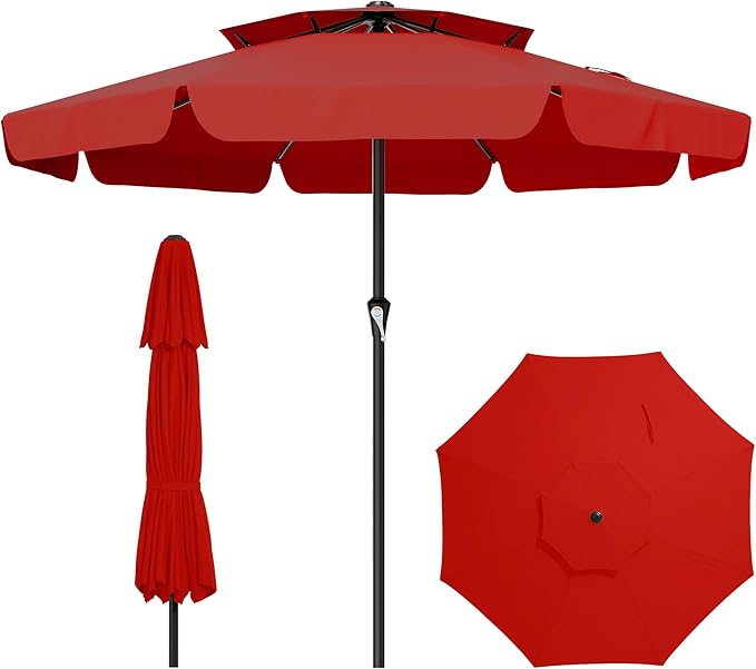AreShark 12ft 2-Tier Patio Umbrella with Valance - Outdoor Umbrella Waterproof UV Protection, Market Table Umbrella w/ 8 Sturdy Ribs&Crank for Pool, Backyard, Garden(Red)