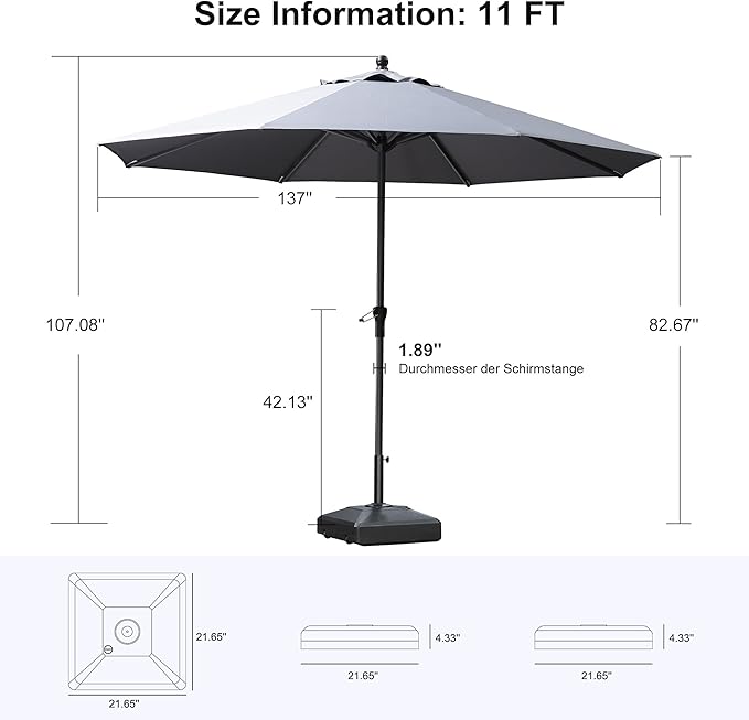 PURPLE LEAF 11' Round Patio Market Umbrella with Base Outdoor Table Umbrellas Aluminum Frame Sun Shade with 8 Sturdy Ribs for Garden Deck Lawn Pool Light Gray