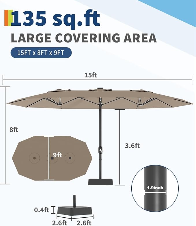 GarveeLife 15 ft Large Patio Umbrella with Lights, 36 LED Lights Double-sided Patio Umbrella with Weighted Base for Poolside Garden Backyard