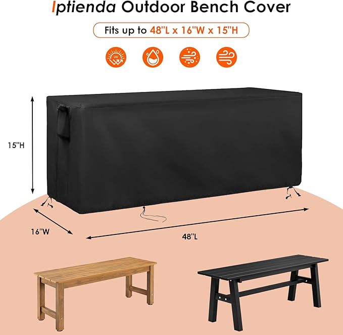 Outdoor Bench Cover for Backless Benches, 48 Inch Patio Bench Covers Waterproof Heavy Duty for Entryway Bench/Garden Benches, Black-48x16x15in