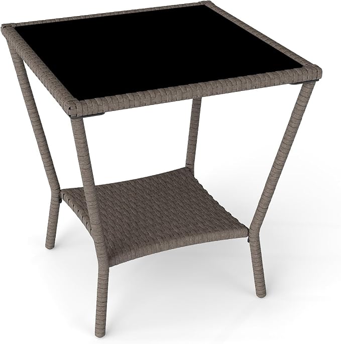 Kinfant Rattan Patio Side Table - Set of 2 Modern Wicker End Table, PE Rattan Coffee Table with Glass Top, Weather-Resistant Patio Furniture for Patio, Balcony, Garden, and Poolside (2, Sesame Brown)