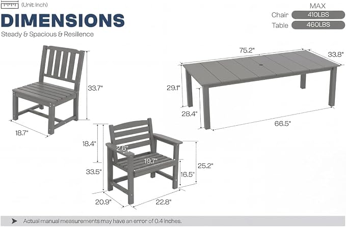 Perli™ 7-Piece Outdoor Dining Set, All-Weather HDPE Patio Table and 6 Chairs with Umbrella Hole, UV-Resistant Composite Wood Dining Furniture for Deck, Backyard, Poolside, Grey