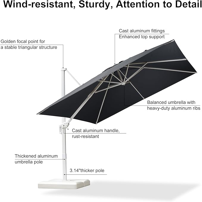 PURPLE LEAF 10 FT Patio Umbrella With Base White Cantilever Umbrella Square Outdoor Offset Windproof with 360° Rotation for Garden Deck Pool, Grey